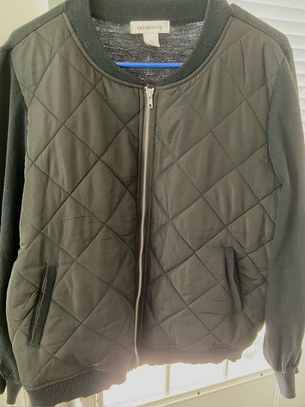 Liz Claiborne Black Quilted Bomber with Knit Sleeves